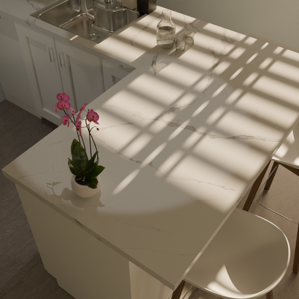 3D rendering of a remodeled game room transformed into a bedroom with a mini kitchen, featuring a white quartz countertop and modern cabinetry.