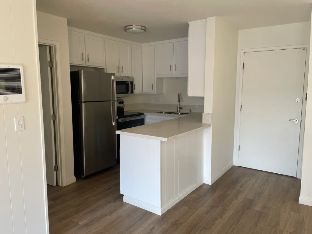 Newly remodeled kitchen featuring white shaker cabinets, stainless steel appliances, quartz countertops, and wood-look flooring.